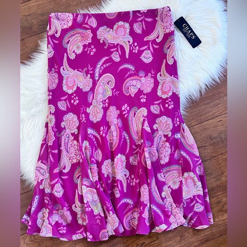 NWT Chaps Fuschia Pink Barbados Paisley Print Chiffon Skirt-Size L